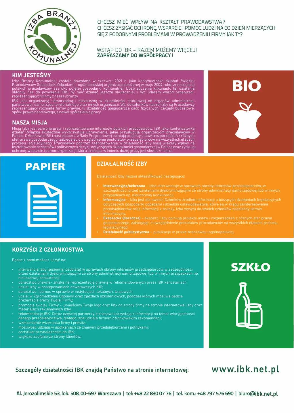 Plakat informacyjny Izby Branży Komunalnej prezentujący misję, działalność i korzyści z członkostwa oraz kolorowe sekcje dotyczące recyklingu papieru, szkła i bioodpadów.