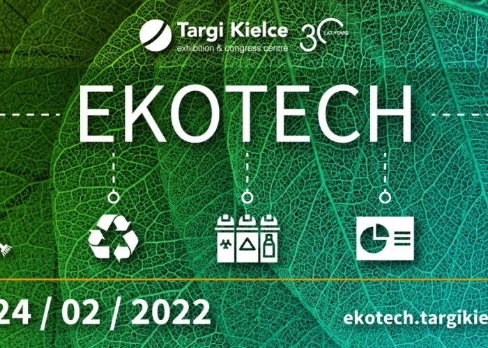 Grafika promująca XXII Targi Ochrony Środowiska i Gospodarki Odpadami EKOTECH w Targach Kielce (23–24.02.2022), z motywem liścia i ikonami recyklingu, odpadów oraz CO₂.