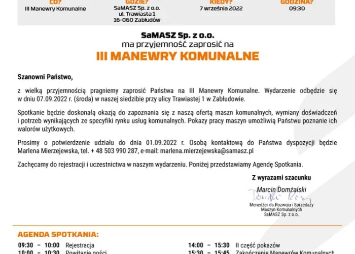 Plakat informacyjny firmy SaMASZ zapraszający na III Manewry Komunalne 2022 w Zabłudowie, z programem wydarzenia, terminem, godziną i miejscem spotkania.
