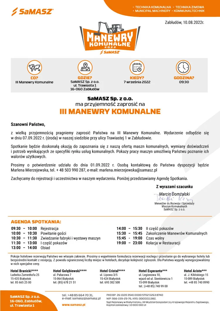 Plakat informacyjny firmy SaMASZ zapraszający na III Manewry Komunalne z programem wydarzenia, datą, miejscem spotkania oraz danymi kontaktowymi organizatora.