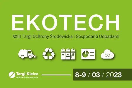 Grafika promocyjna Targów EKOTECH – XXIII Targów Ochrony Środowiska i Gospodarki Odpadami w Targach Kielce, z ikonami recyklingu, odpadów i emisji CO₂ oraz datą wydarzenia 8–9.03.2023.