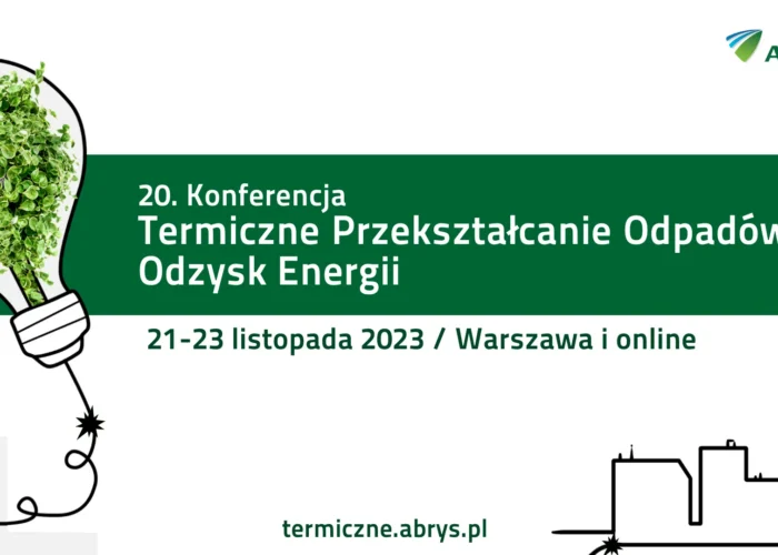 Grafika promująca 20. Konferencję „Termiczne przekształcanie odpadów. Odzysk energii” z datą 21–23 listopada 2023 w Warszawie i online, z żarówką wypełnioną zielonymi liśćmi oraz schematem instalacji.
