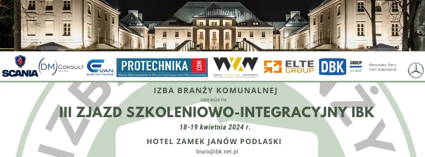 Baner wydarzenia „III Zjazd Szkoleniowo-Integracyjny IBK” odbywającego się 18–19 kwietnia 2024 r. w Hotelu Zamek Janów Podlaski, z nocnym zdjęciem zamku i logotypami partnerów.