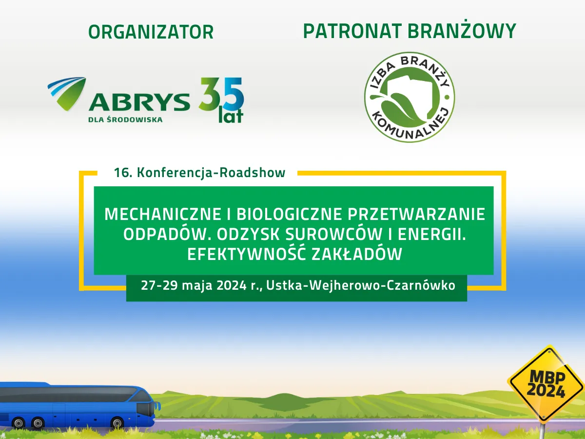 Grafika promująca konferencję o mechaniczno‑biologicznym przetwarzaniu odpadów i odzysku surowców, z logotypami organizatora Abrys, Izby Branży Komunalnej oraz datą i miejscem wydarzenia.