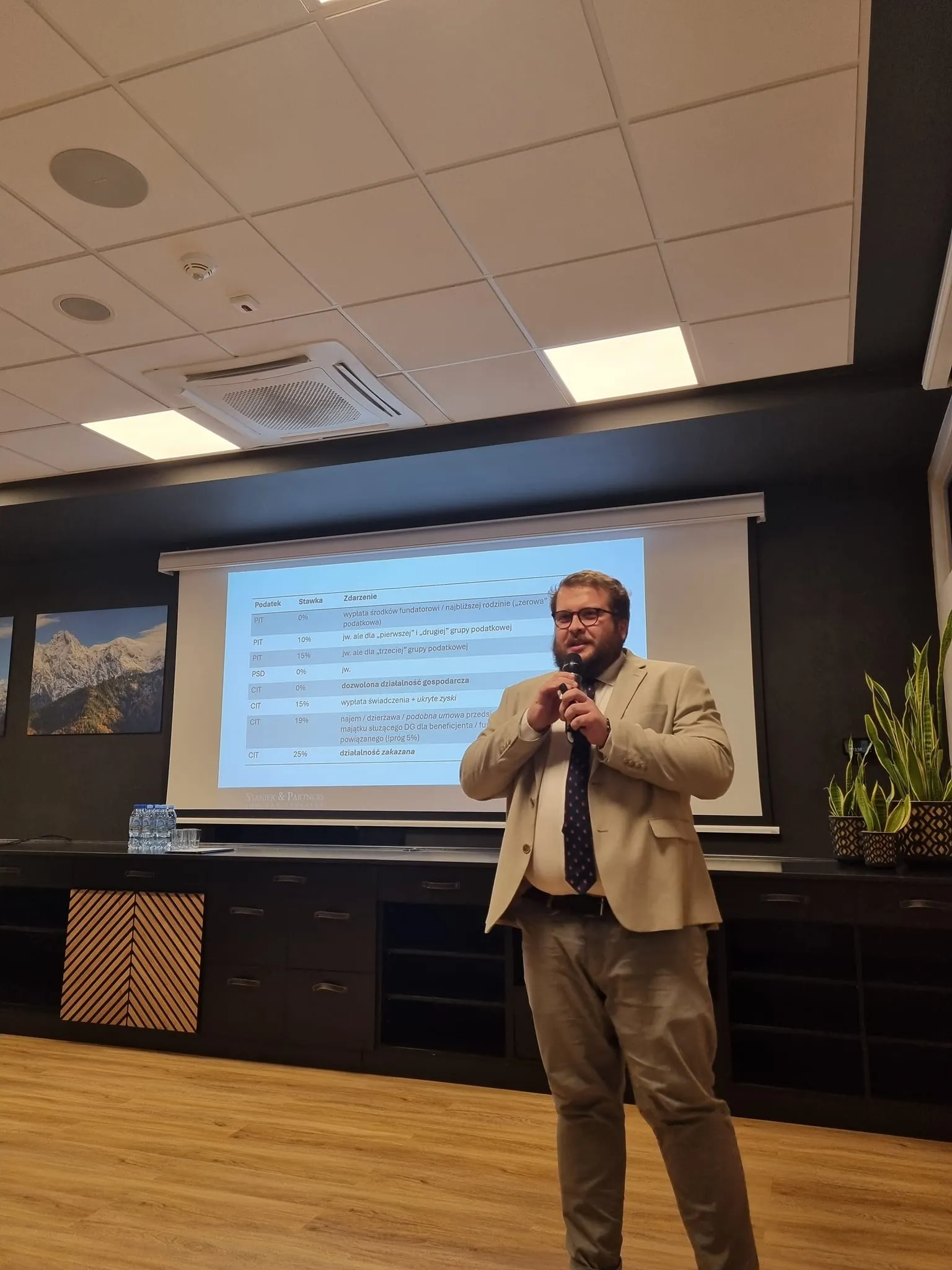 Mężczyzna w garniturze prowadzi prezentację szkoleniową przed ekranem z wyświetlonym slajdem podczas II Zjazdu Szkoleniowo‑Integracyjnego.