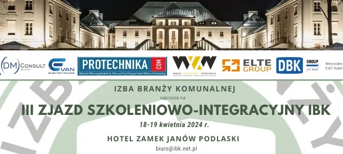 Baner zapraszający na III Zjazd Szkoleniowo‑Integracyjny IBK 18–19 kwietnia 2024 r. w Hotelu Zamek Janów Podlaski z logotypami partnerów wydarzenia.