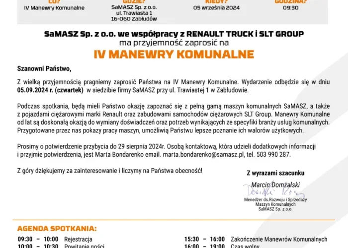 Plakat informacyjny zapraszający na IV Manewry Komunalne SaMASZ 2024 w Zabłudowie, z programem wydarzenia, danymi kontaktowymi i logotypami organizatorów.