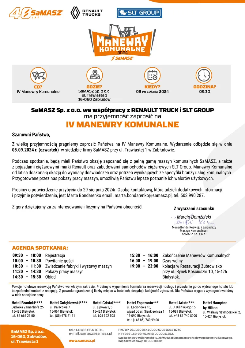 Plakat informacyjny zapraszający na IV Manewry Komunalne organizowane 5 września 2024 r. przez firmę SaMASZ w Zabłudowie, z programem wydarzenia i danymi kontaktowymi.
