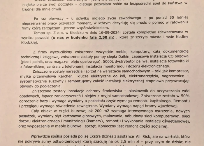 Zdjęcie przedstawia oficjalne pismo firmy TEMPO sp. z o.o. z Kłodzka, skierowane do członków Izby Branży Komunalnej w Warszawie z prośbą o wsparcie po zniszczeniach wywołanych powodzią z 16.09.2024 r.
