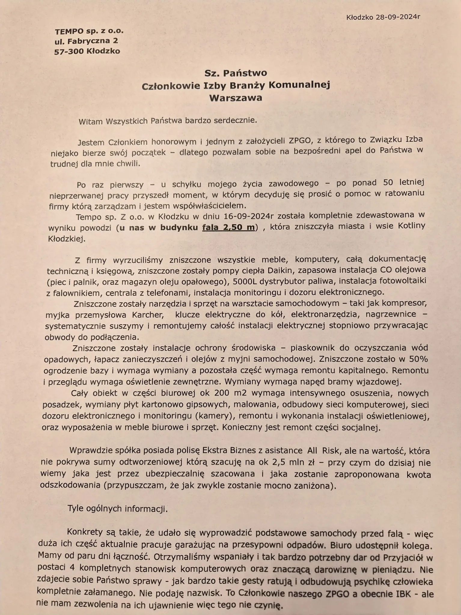 Fotografia przedstawia oficjalny list z prośbą o pomoc dla firmy TEMPO sp. z o.o. z Kłodzka, która opisuje poważne zniszczenia spowodowane powodzią i apeluje do członków Izby Branży Komunalnej o wsparcie dla poszkodowanych.