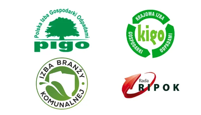 Logotypy organizacji branży gospodarki odpadami (PIGO, KIGO, Izba Branży Komunalnej, Rada RIPOK) ilustrujące apel do Ministra Sprawiedliwości Prokuratora Generalnego.