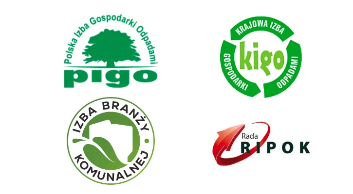 Logotypy organizacji branży gospodarki odpadami (PIGO, KIGO, Izba Branży Komunalnej, Rada RIPOK) na białym tle.