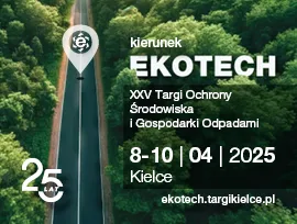 Grafika promująca 25. edycję Targów Ochrony Środowiska i Gospodarki Odpadami EKOTECH 2025 w Kielcach, przedstawiająca drogę wśród zielonego lasu z zaznaczonym kierunkiem „EKOTECH” oraz datą 8–10.04.2025.