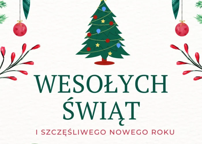 Świąteczna kartka z choinką, bombkami i napisem „Wesołych Świąt i Szczęśliwego Nowego Roku życzy Izba Branży Komunalnej”.