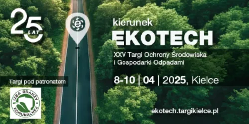Grafika promująca XXV Targi Ochrony Środowiska i Gospodarki Odpadami EKOTECH 2025 w Kielcach, z widokiem drogi wśród zieleni, informacją o dacie 8–10 kwietnia 2025 i logotypem patronatu branżowego IBK.