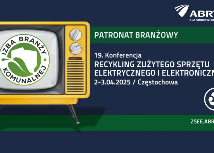 Grafika promująca 19. Konferencję „Recykling zużytego sprzętu elektrycznego i elektronicznego” w Częstochowie z logotypem Izby Branży Komunalnej na ekranie żółtego retro telewizora.