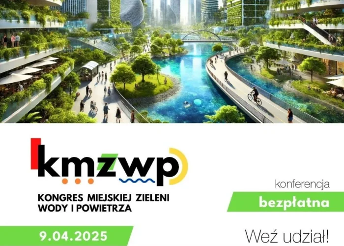 Grafika promująca Kongres Miejskiej Zieleni, Wody i Powietrza 2025 z futurystycznym, zielonym miastem nad rzeką oraz informacją o bezpłatnej konferencji 9.04.2025.