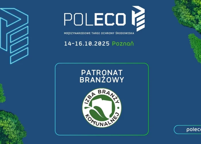 Grafika informująca o Międzynarodowych Targach Ochrony Środowiska POLECO 2025 w Poznaniu z logo Izby Branży Komunalnej jako patronatem branżowym.