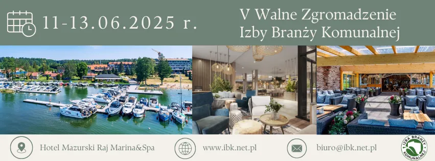 Baner informacyjny zapowiadający V Walne Zgromadzenie Izby Branży Komunalnej odbywające się w dniach 11–13 czerwca 2025 r. w hotelu Mazurski Raj Marina & Spa, z fotografiami mariny, wnętrz hotelu oraz danymi kontaktowymi.