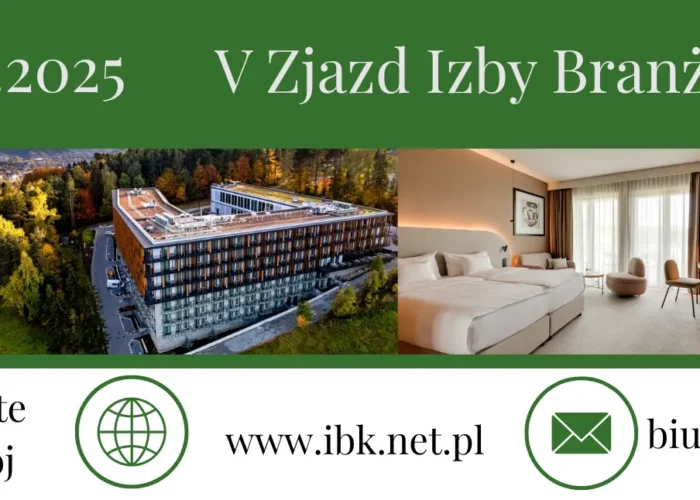 Grafika informująca o V Zjeździe Izby Branży Komunalnej odbywającym się 10–11.12.2025 w Hotelu Belmonte w Krynicy-Zdroju, z fotografiami hotelu, logotypami sponsorów (m.in. PGNiG Grupa Orlen, Makita) oraz danymi kontaktowymi IBK.