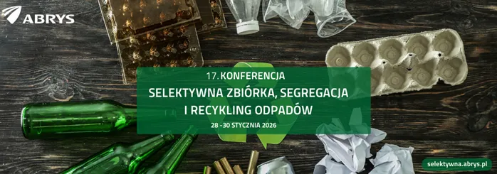 Baner zapowiada 17. Konferencję „Selektywna zbiórka, segregacja i recykling odpadów” z datą 28–30 stycznia 2026 r., na tle posegregowanych odpadów takich jak szkło, plastik i karton.